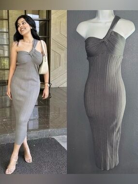 ZARA Bodycon Midi Slate Gray One Shoulder Grey Dress Womens Large